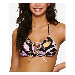 HULA HONEY Women's Black Stretch Lace-Up Tie Luna Triangle Swimsuit Top M